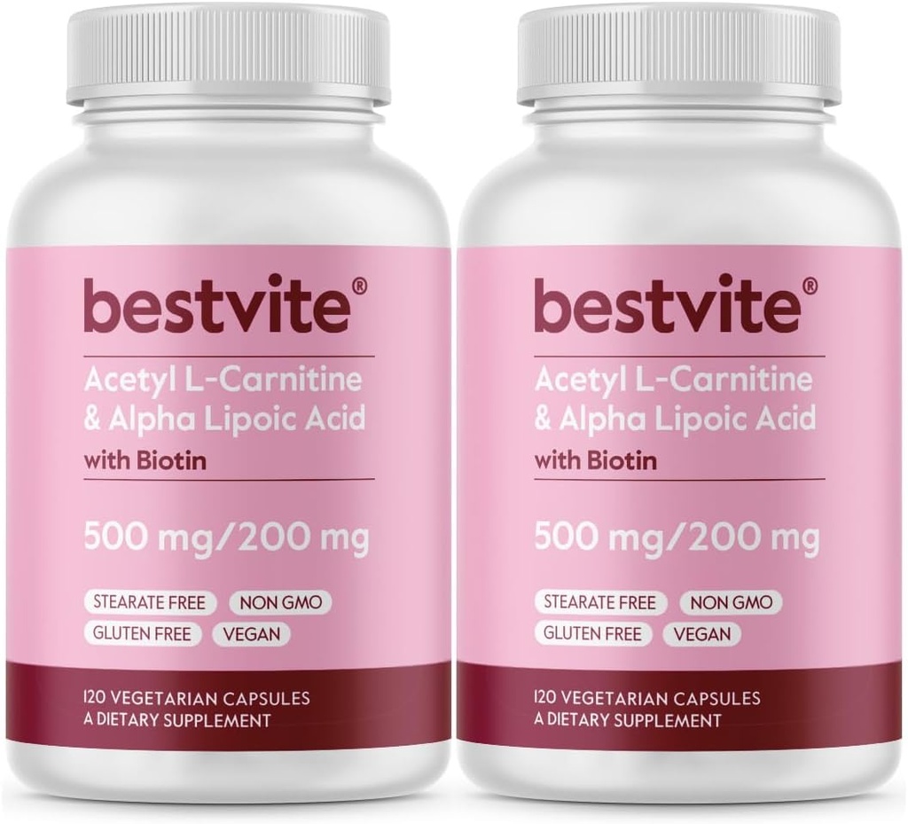BESTVITE Acetyl L- Carnitine 500mg & Alpha Lipoic Acid 200 mg per Capsule dengan Biotin (240 Vegetarian Capsules) (120 x 2)