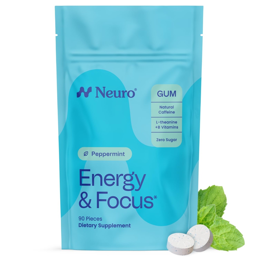 Permen karet Neuro Energy & Focus - 40mg Natural Caffeine Gum & Nootropic Energy Suplemen dengan L- Theanine & B Vitamin - Gula Bebas, Vegan - Peppermint, 90ct