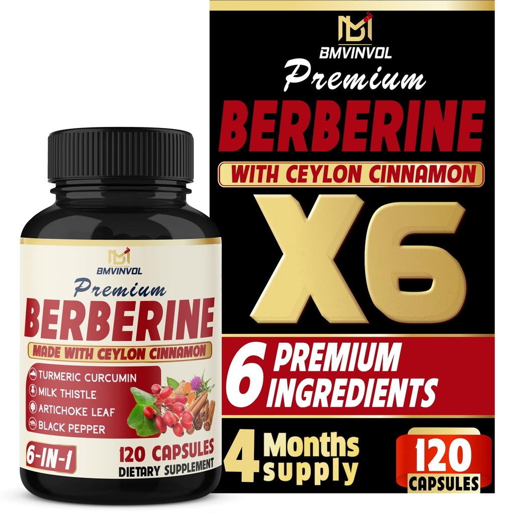 BMVINVOL 6in1 Berberine Suplemen dengan Cinnamon Ceylon, Tumeric Root, Milk Thistle, Artichoke, Black Pepper -120 Capsules untuk 4 Pasokan Bulan