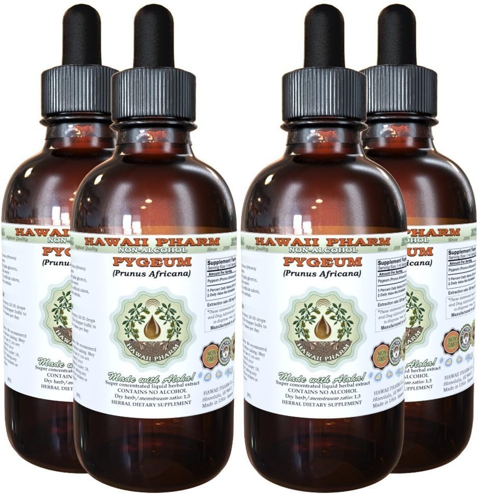 African Cherry Pygeum Alcohol- Free Liquid Extract, African Cherry Pygeum (Prunus Africana) Bark Glycerite Natural Herbal Suplemen, Hawaii Pharm, USA 4x4 oz
