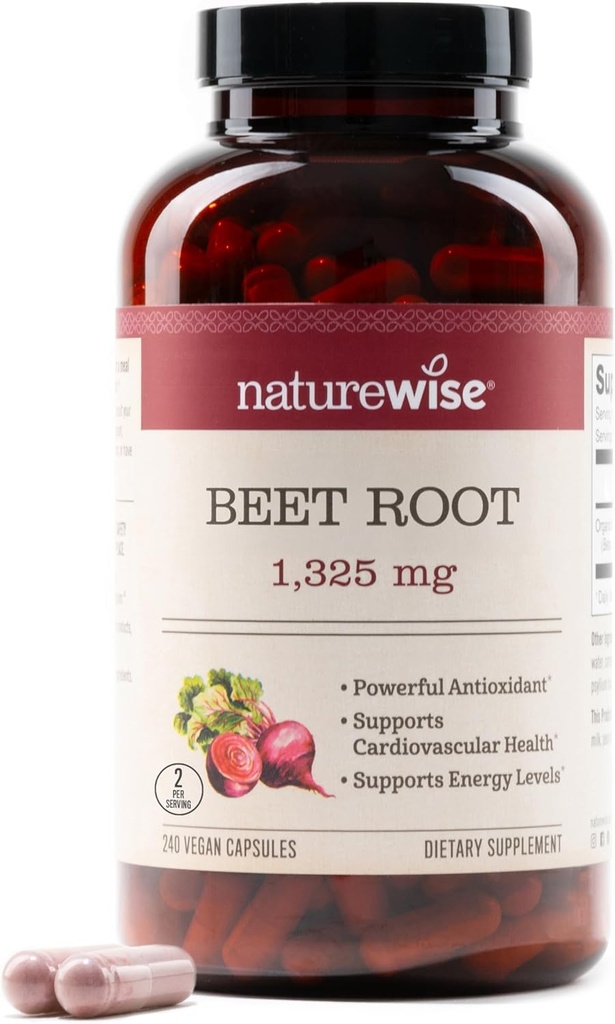 NaturreWise Beet Root Capsules 1325mg with Organic Beetroot - Nitric Oxide Booster for Circulation and Heart Health Support - Vegan, Gluten- Free, Non-GMO - 240 Capsules [120 Day Supply]