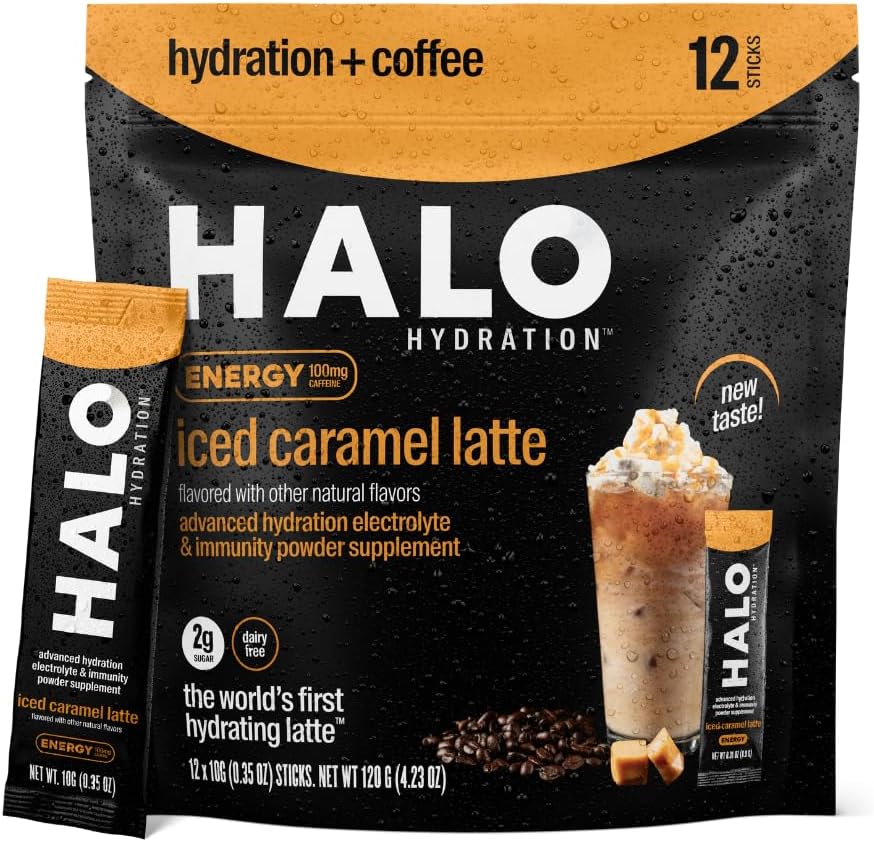 HalO Iced Caramel Latte - Powder Energi - Kopinya sehat untuk Hidration dengan Electrolytes, Caffeine, Vitamin dan Mineral - 20 Kalori - Keto dan Calorie Rendah - 1 x 12 Sticks