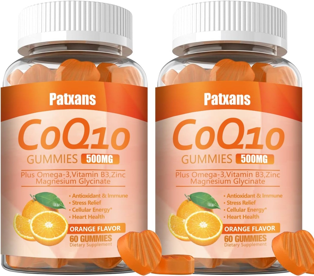 2 PACK 500MG CoQ10 Tambahan Gummies, Omega-3, Magnesium, Vitamin B3, Zinc, Ultra High Absorpsi Menyediakan Dukungan Kesehatan untuk Jantung, Energi Sel Antioksidan, 120Cts.