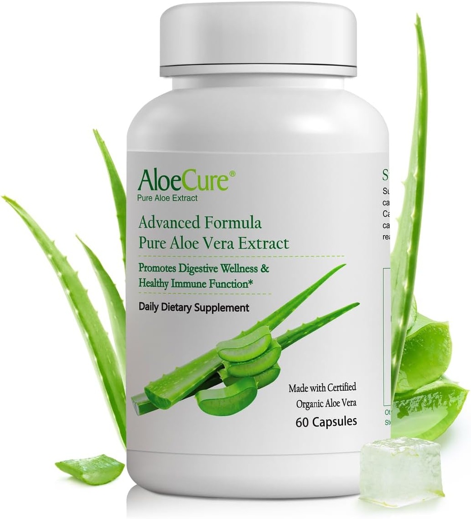 AloCure Organic Aloe Vera Kapsules, 130.000mg Inner Aloe Equivelant per Serving, Dukung Gut Health & Digetical Comfort, Statuch Acid Buffer, Supplemen Imune Natural, Aloin Free, 60 Capsules