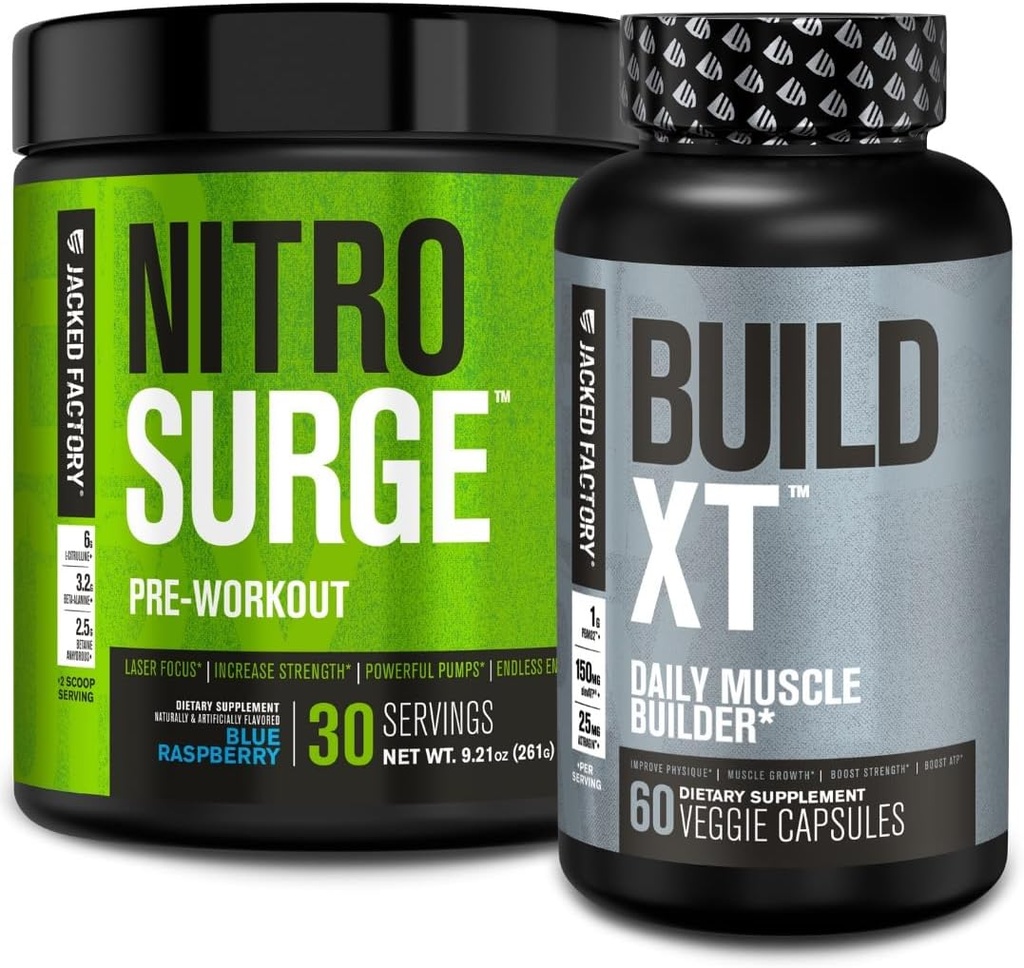 Jacked Factory Nitrospush Pre- Workout di Blue Raspberry & Build XT Muscle Bundle untuk Pria & Perempuan