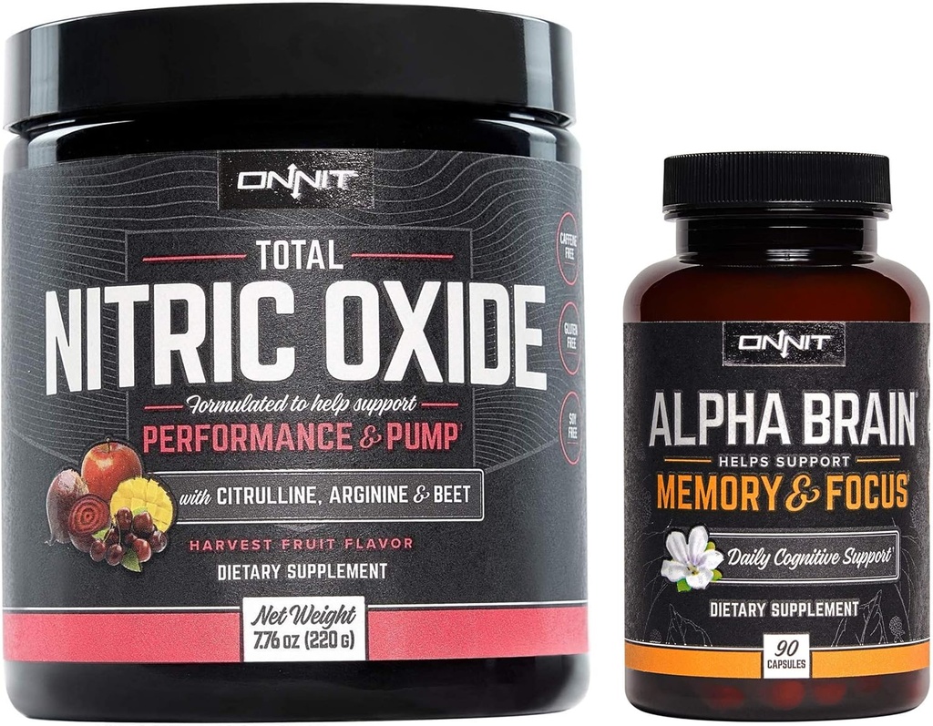 ONNIT Nootropic + Pretraining Stack - Alpha Brain (90ct) + Total Nitric Oxide (Buah Harvest)