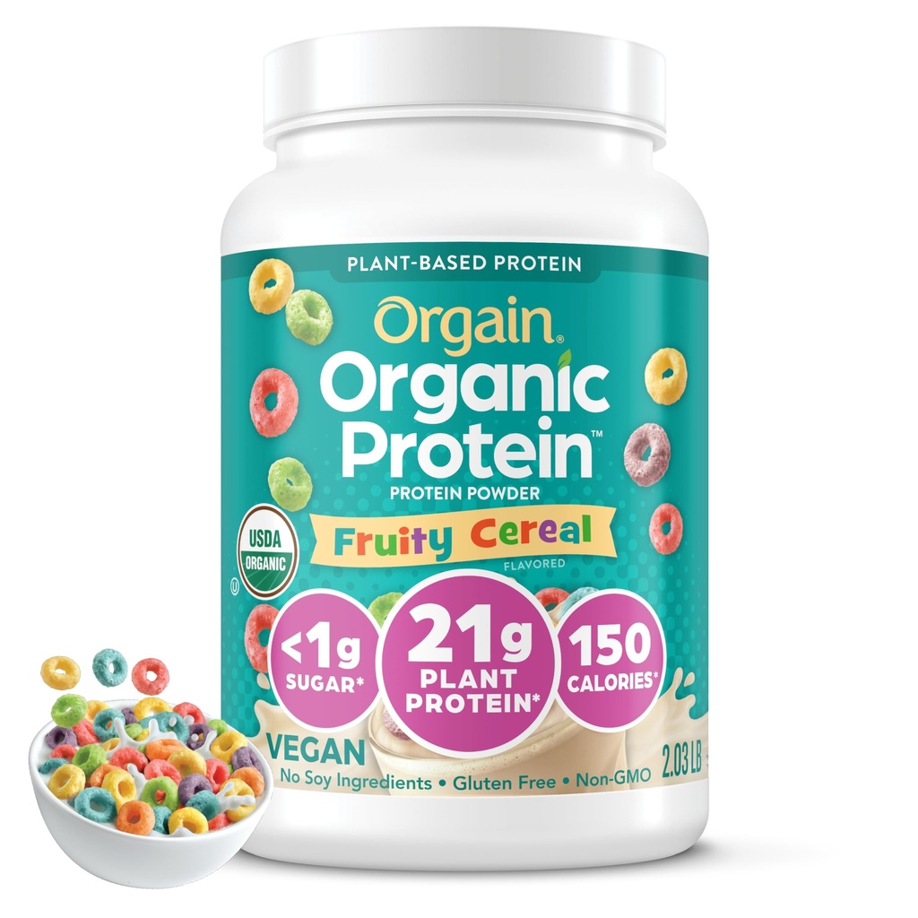Orgain Vegan Powder Organik, Fruity Cereal - 21g Plant Based Protein, 8g Prebiotic Fiber, Low Net Carb, No Laktosa Ingrediens, No Added Sugar, Non-GMO, For Shakes & Smoothies, 2.03 lb