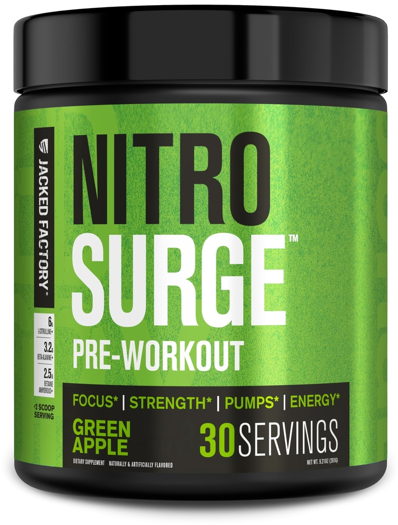 Jacked Factory NITROSURGE Pre Workout Supplement - Endless Energy, Instant Power Gains, Clear Focus, Intense Pumps - NO Booster & Powerful Pretraining Energy Quoder - 30, Green Apple