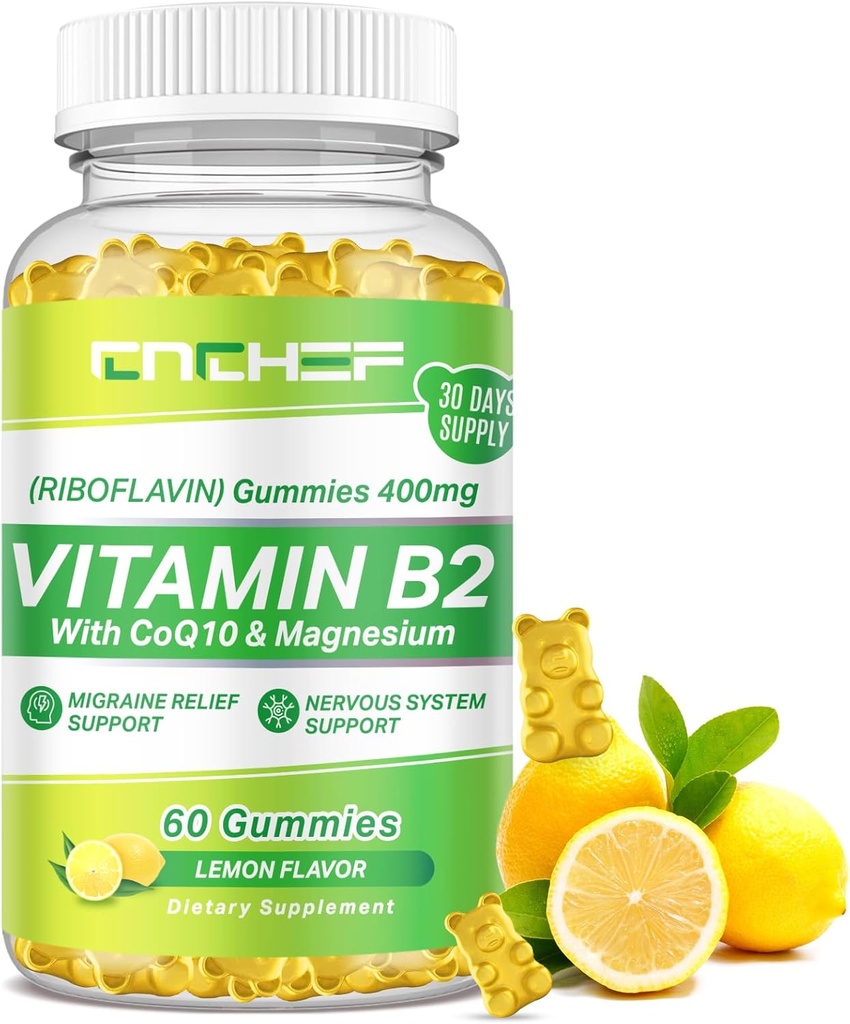 Vitamin B2 Gummies for Dewata & Kids - Riboflavin 400mg Suplemen dengan Magnesium Glycinate & CoQ10, Dukung Migraine Relief & Nervous System, Boost Energy, Sugar Vegan B2 Gummies Flavor
