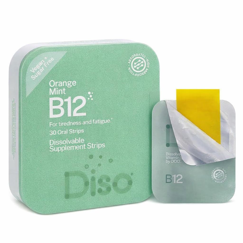 DISO - Vitamin B12 - Fast- Dissolve Oral Strips, untuk Tiredness dan Fatigue, Orange Mint Flavor, Vegan, Sugar Free, Maksimum Absorpsi, Gluten Free, Individually Wrapped, 30 Dissoltable Strips