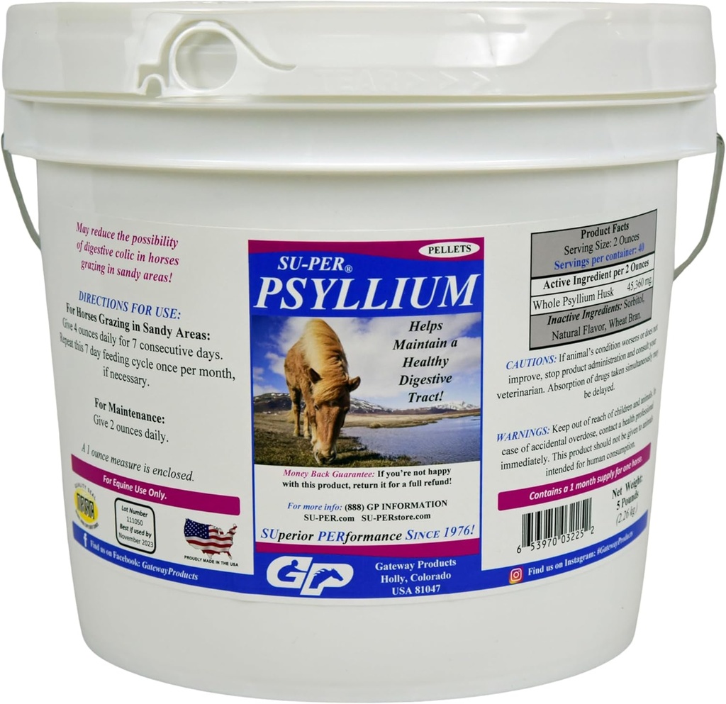 Su- PER Psyllium Pellets Equine Suplemen - Menjaga Tract Digetical Sehat di Kuda - Mendukung Penghayalan Pasir & Dirt dari Konstinal Trakte - 5 Pound, 1 Bulan Suplai