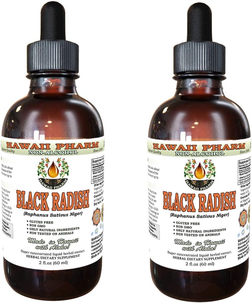 Hawaii Pharm Black Radish Alcohol- Free Liquid Extract, Black Radish (Raphanus Sativus Niger) Root Kering Glycerite Natural Herbal Suplemen 2x2 oz