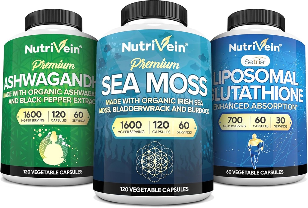 Nutrivena Premium Irish Sea Moss Kapsules, Ashwagandha, dan Lipomal Glutathione Suplemen Bundle: Sea Moss, Reduced Glutathione, & Ashwagandha Suplemen, Mood, Diboth, & Detox