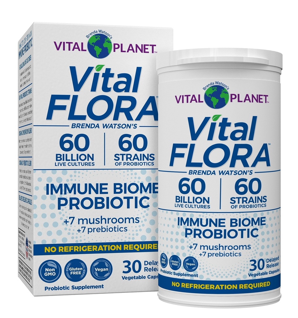 Planet Vital - Vital Flora Immune Dukung Probiotik, 60 Billion CFU Strains, 7 Organic Mushroom Blend with Pregren, Shelf Stable Digetical Health Profestion 30 Kapsul