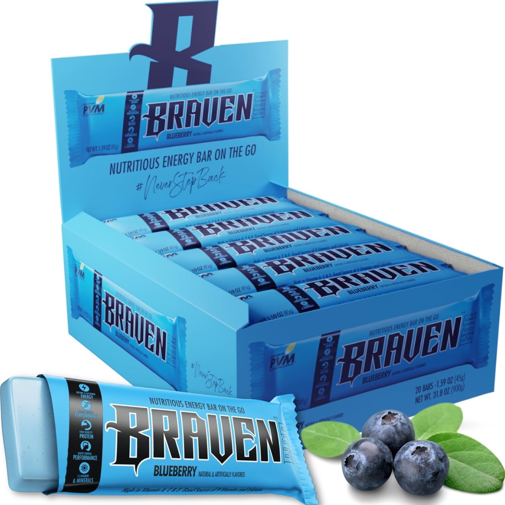 Braven Bar Blueberry Energy Bars (1.59 oz, Paket 20) - Energi Mengunyah dengan 5g Protein - OntheGo Energi Snacks untuk Running, Hiking, dan Olahraga - Gluten Snacks Bebas untuk Boost Energi Terlarang