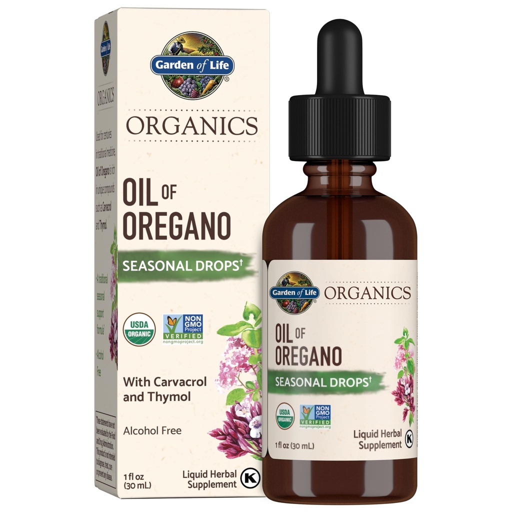 Garden of Life Organics Oil of Oregano Seasonal Drops 1fl oz (30 mL) Liquid, Comcentforted Plant Based Ammune Support-Free, Organik, Non-GMO, Vegan & Gluten Free Herbal Suplemen