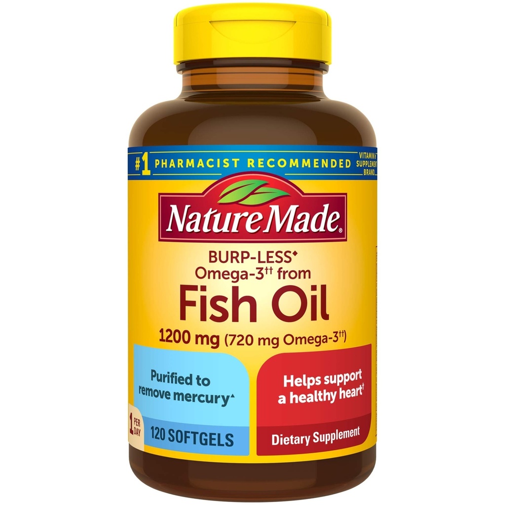 Nature Made Burp- Kurang Minyak Ikan 1200 mg Satu per hari, 120 Softgels, Tambahan Minyak Ikan Omega 3 Untuk Kesehatan Hati