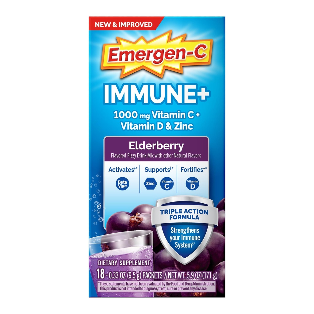Emergen- C Imune + Triple Action Imune Supder, BetaVia (R), 1000mg Vitamin C, B Vitamin, D Vitamin dan Antioksidants, Elderberry, Back to School Essentials - 18 Count