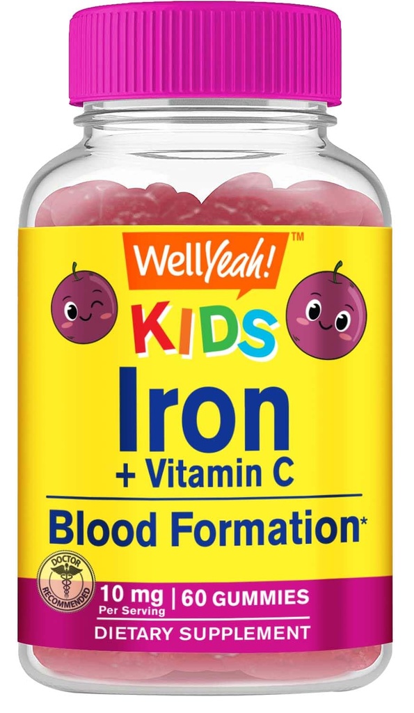 WellYeah Iron Gummies untuk Anak-anak dengan Vitamin C - Anemia Dukungan, Formasi Sel Darah Merah, Energi, dan Pendukung Kebal Dukungan Besi untuk Anak-Anak - GMO Bebas, Grap Flavor Natural - 60 Count