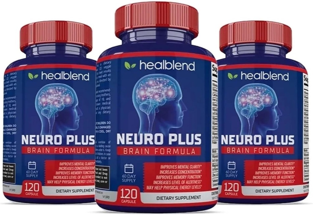 Neuro Plus Brain & Focus Formula - Brain Booster Supplement, Support Mental Clarity & Focus - Enhances Concentration & Mental Energy - 120 Capsules (3 Pack)