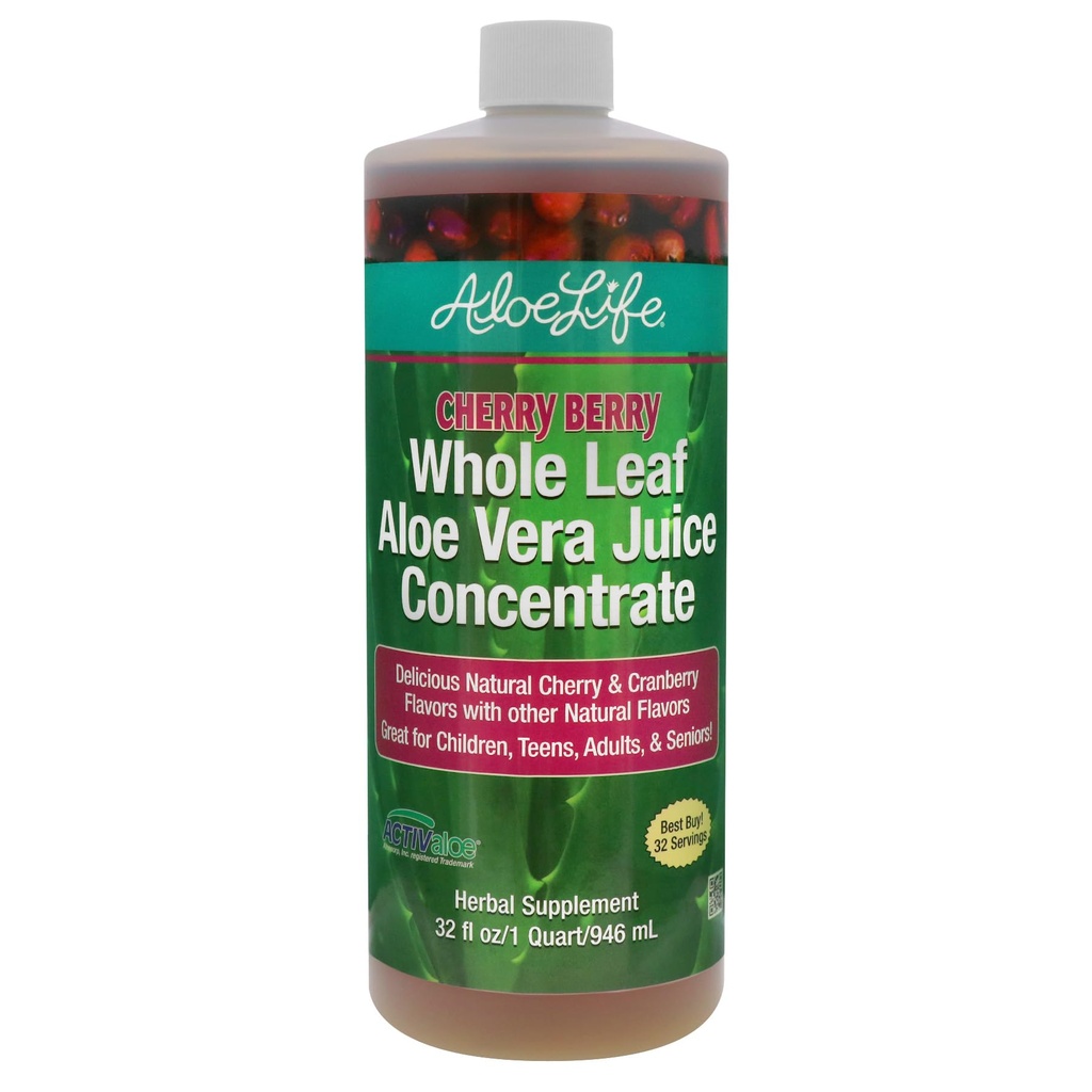 Aloe Life - Whole Leaf Aloe Vera Juice, Tersertifikat Organik, Gluten- Free (Cherry Berry, 32 oz)