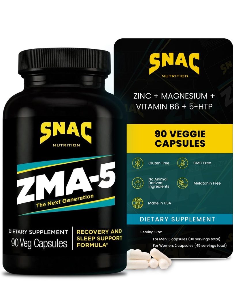 SNAC ZMA-5 Sleep Aid Suplement, Propiness Muscle Recovery & Growth, Ammune Support, & Reporative Sleep with Zinc, Magnesium & 5- HTP, Post Workout, Bed ZMA Supplemen 90 Vegsules Capsules