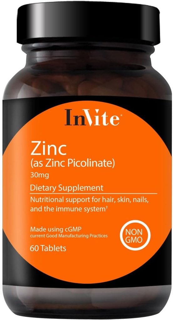 InVite Health Zinc Picolinate - 30 mg sebagai Zinc Picolinate - Support Immune, Nail, Skin dan Hair Health - 60 Tablet (2- Pack)