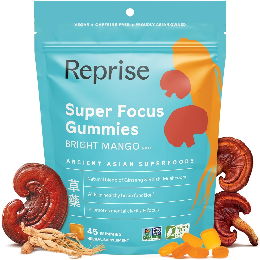 Fokus pada Gummies untuk Orang Dewasa 124; Orang Amerika & Korea Ginseng dengan jamur Reishi ekstrak 124; Semua Gumi2 Natural untuk Fokus, Mood, dan Energi 124; Mango Flavored 124; 45 Count
