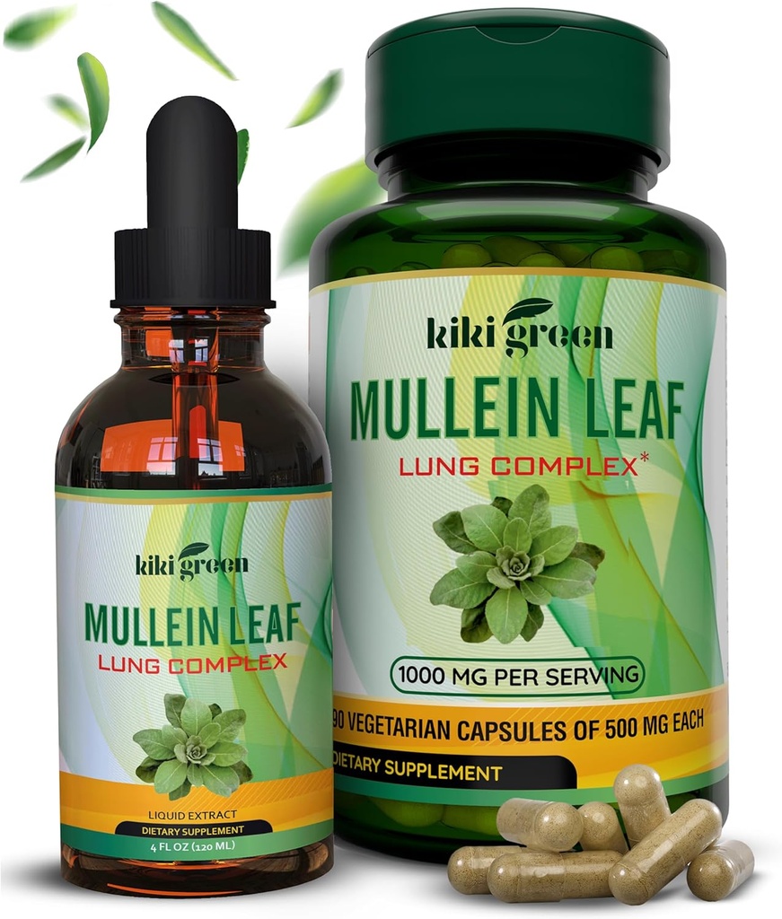 Suplemen Ekstraksi KIKI Green Mullein Capsules & Liquid Drops Bundle - Mullein Leaf Ekstraksi, 90 Capsules + 2 quid oz - untuk Repiratory & Imunity Dukung, Lung Fungsi Lebih Baik, Lung Cleanse & Relief