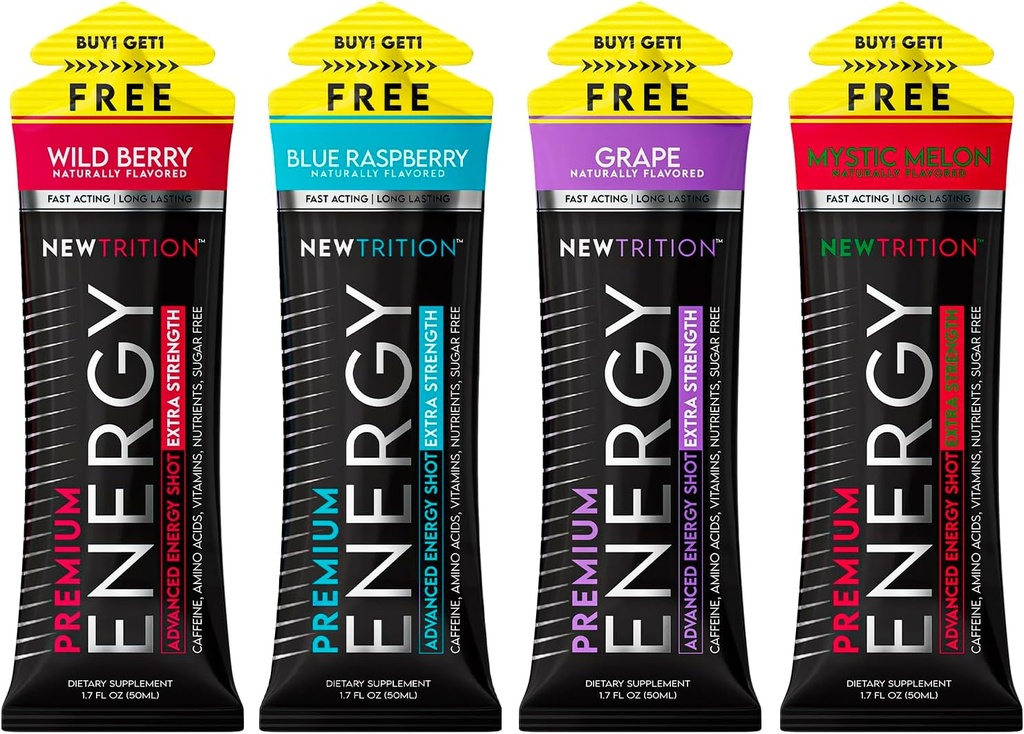 Tembakan Energi Ekstra Newtrition, 250mg Caffeine Energy dengan Vitamin B & Acids, Sugaro Free Vitamin Energy Shot, Zero Calorie Focus & Stamina Booster, 1.7 lf oz (Paket 4, 4 Flavors-Mixed-1)