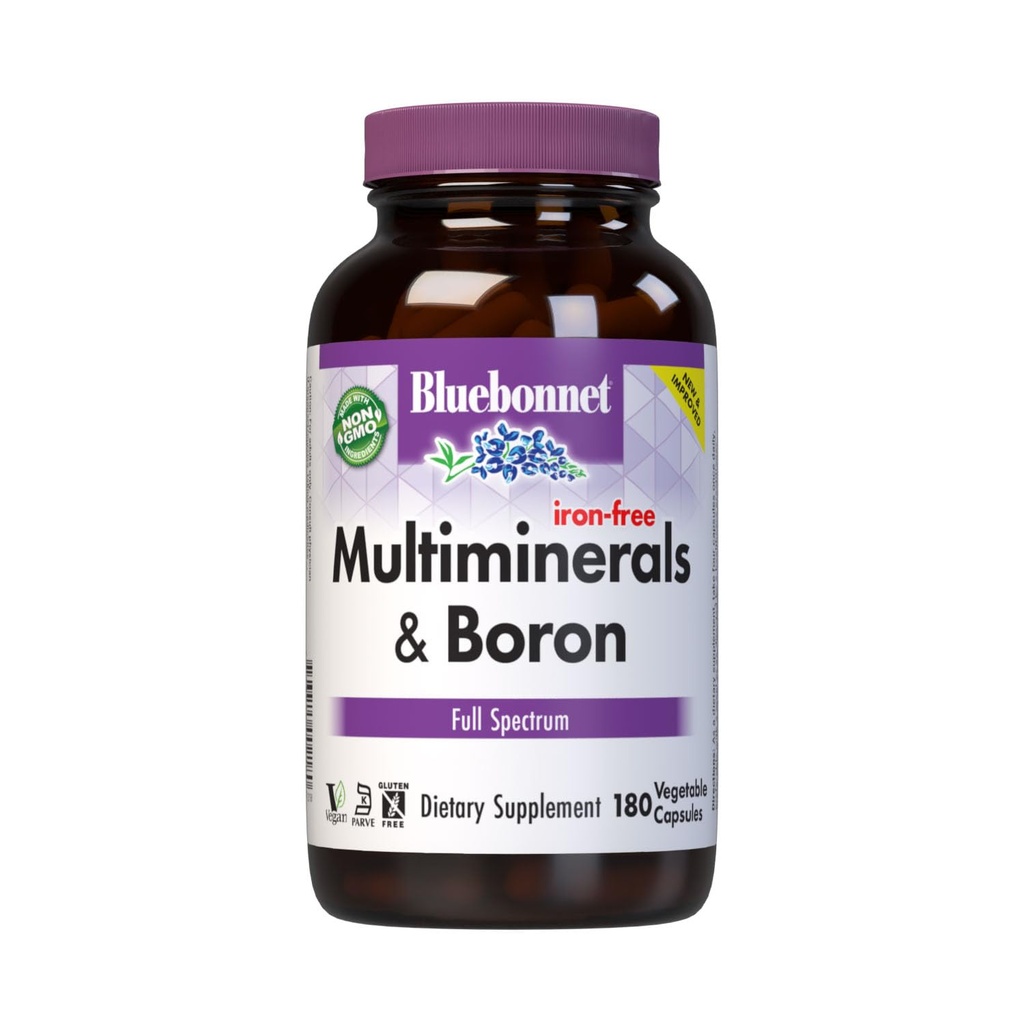 Bluebonnet Multi Minerals Suplement Plus Boron Mellated Magnesium Potasium Copper Selenium Manganese Chromium & Zinc Complex for Women & Men - No Iron, Non-GMO, Gluten- Free - 180 Vegetable Capsules