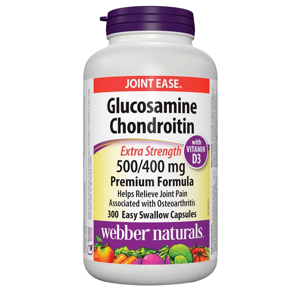 Webber Glucosamin Chondroitin dengan vitamin D3, kekuatan ekstra, 500 / 400 mg, Premium Formula, 300 Kapsul menelan mudah