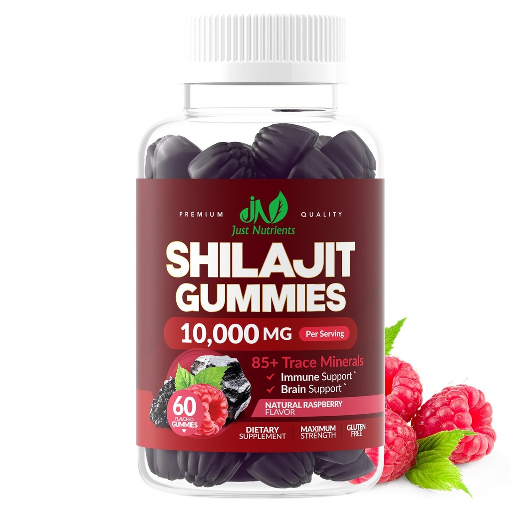 Shilajit Gummies 10,000mg for Men & Women - Maximum Strylayan Shilajit, Gluten- Free, Non-GMO, 100% Vegetarian - Alami Raspberry Flavor - 60 Count
