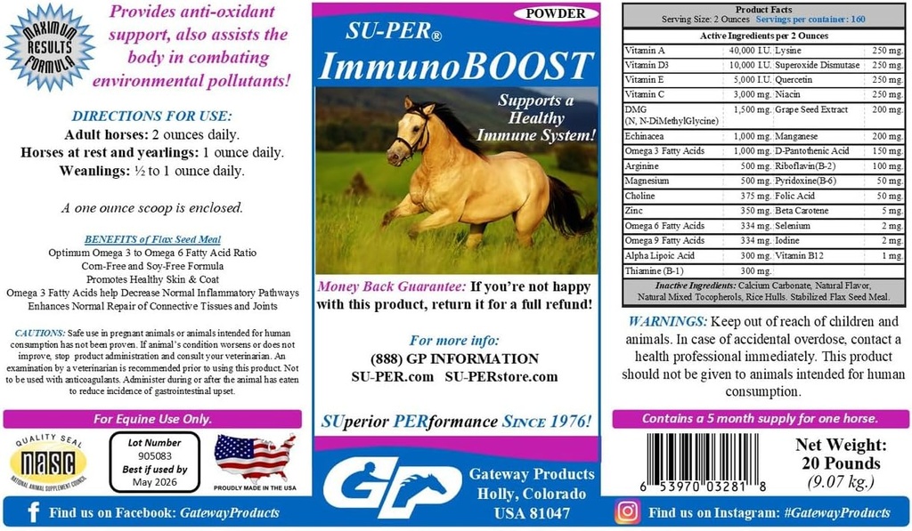 SU-PER ImpunomBOOST Horse-Oxidant Suplement - Support Immune System & Nutration Deficiency - Vitamin E & C, Grape Seed Extract, Herbal Extracts - 20 Pound, 5 Bulan Suppply