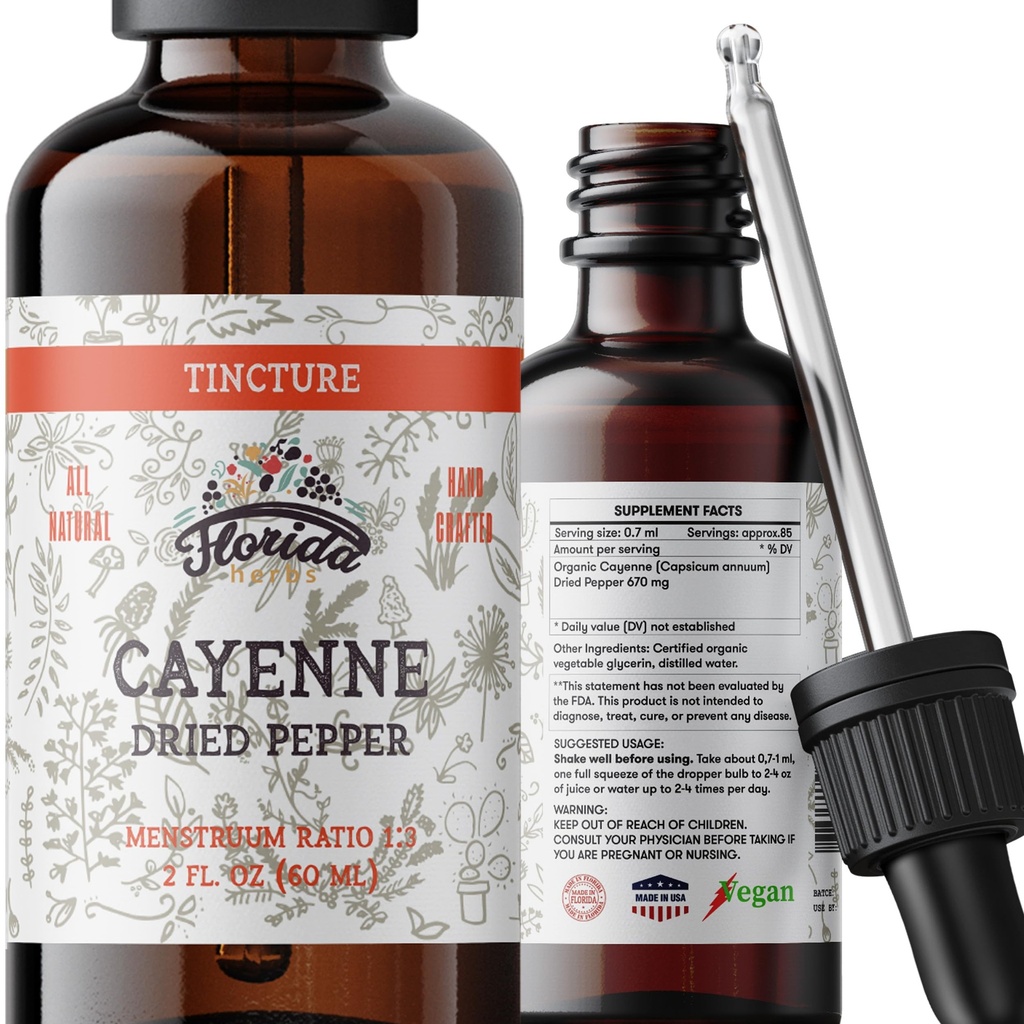 Cayenne Tincture Extract, Organic Cayenne (Capsicum anuum) Dry Pepper - Vegetable Glycerin - Non-GMO - 2 oz
