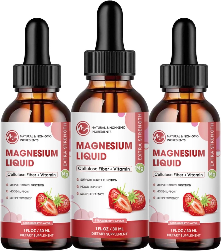 (3 Kemas) Magnesium Glycinate Liquid Drops, Absorpsi Tinggi Magnesium Liquid dengan Bromelain, Vitamin B6 C D, Magnesium Tambahan Anak-anak dan Dewasa, Malam & Otot Dukungan, Strawberry Flavor