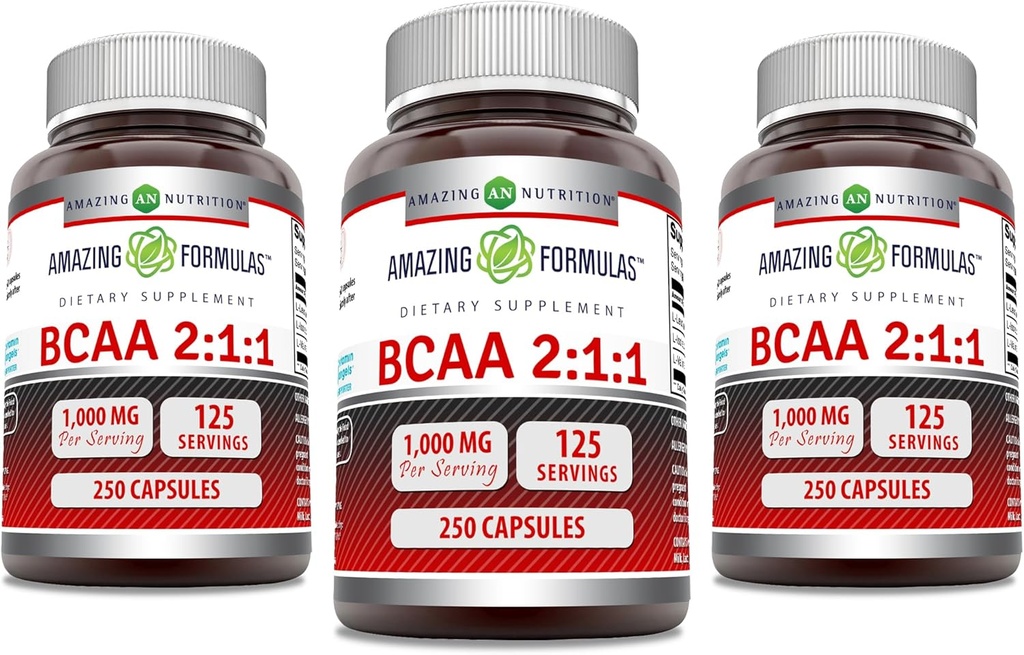 Amazing Formula BCAA 2: 1: 1 1000 Mg Per Serving 124; Capsules 12.4; Branched Chain Amino Acids Supplemen Non- GMO 124; Gluten- Free Alag4; Dibuat di AS (3 Pack, 250 Count)