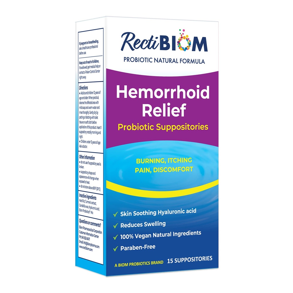 RectiBiom Probiotic Hebripoid Relief Supositories dengan Skin Sootthing Natural Ingreditions, Fast Relief. Acid Hyaluronic dan Ekstrak Turmeric, Vegan, Gluten- Formulasi Bebas
