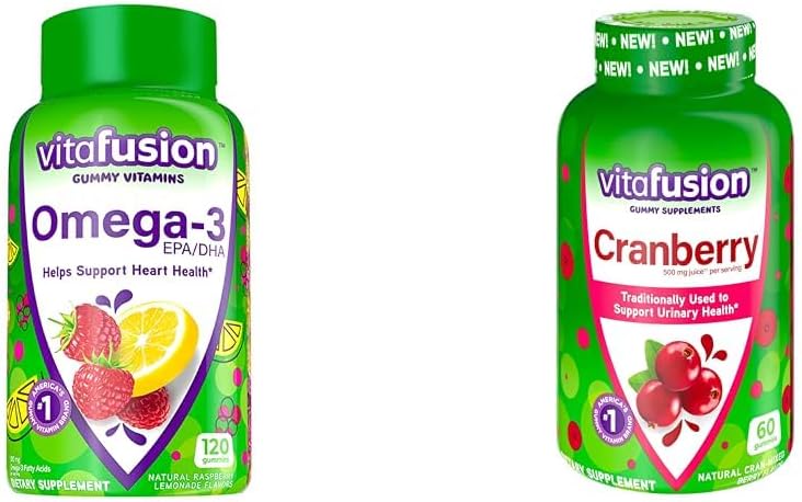 Vitation Omega-3 Heart Health Gummy Vitamin dengan Cranberry Gummies untuk Perempuan, 120 Count Omega 3 EPA / DHA Berry Lemonade dan 60 Count Cranberry Juice Contract per Serving