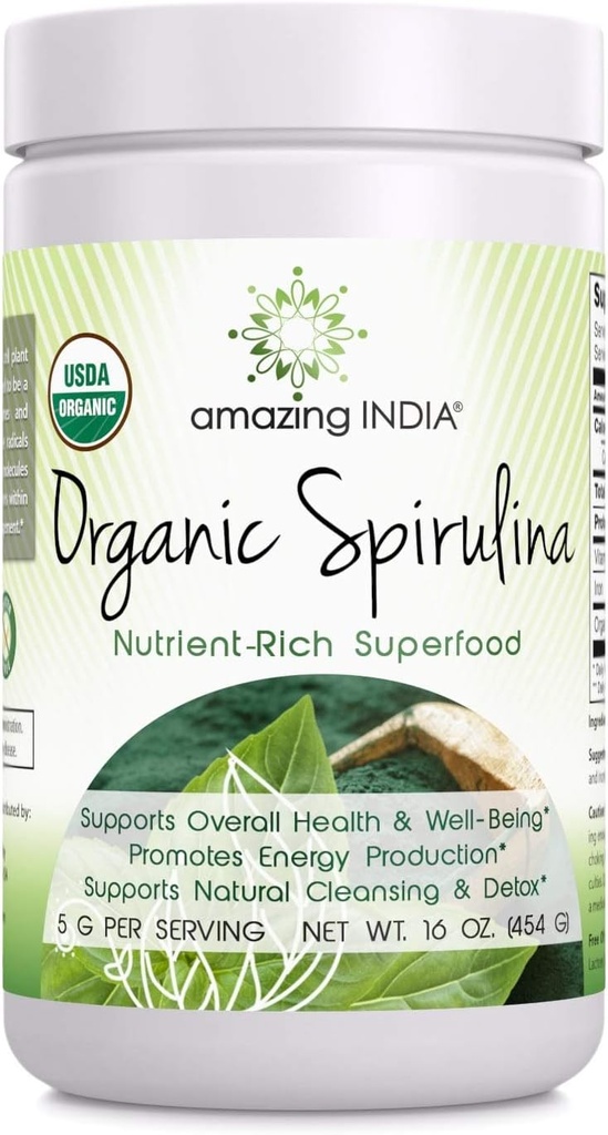 Amazing India Organic Spirulina Powder (Non- GMO) 16 oz (454 gma) - Mendukung Regenerasi Sel, Kesehatan Imune, Detoksifikasi & Overall Health *