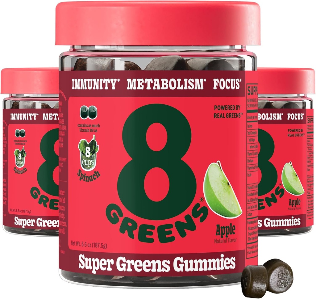 Super Greens Powder Gummy Superfood untuk Metabolism, Imunity & Focus, Digetical Health Enzymes, Organic: Chlorella, Spirulina, Aloe Vera, Apple Flavor, 150 Count