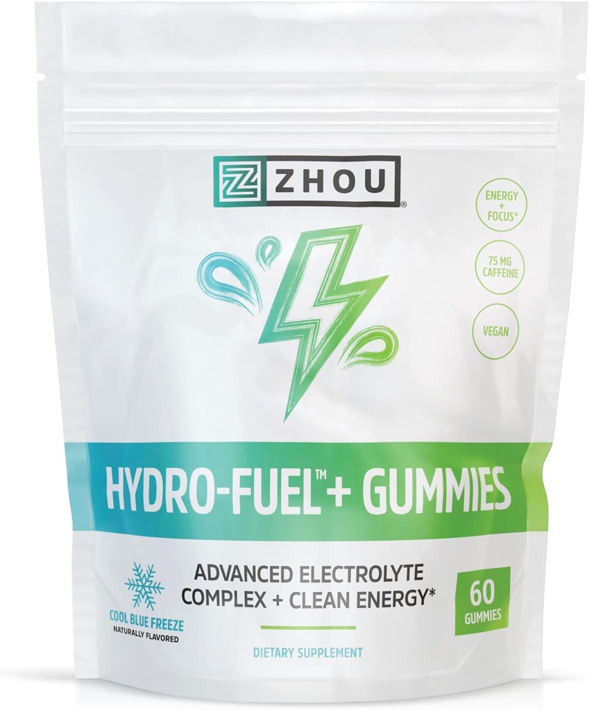 Pembesaran Nuklir Zhou Hydro-Fuel + Gummies - Electrolite Gummies for Hydration, Advanced Chews with Electrolytes Complex dan 75 mg Caffeine for Clean Energy, Hydrating Supplemen - 60 Vegan Chews