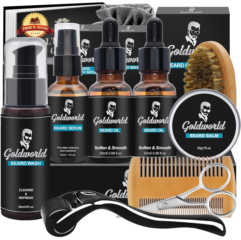 Beard Kit, Beard Grooming Kit w / Beard Wash / Shamper, 2 Pack Beard Oil, Beard Balm, Beard Wash, Brush, Comb, Scissor, Simpan Bag, E- Book, Beard Care & Trimming Kit