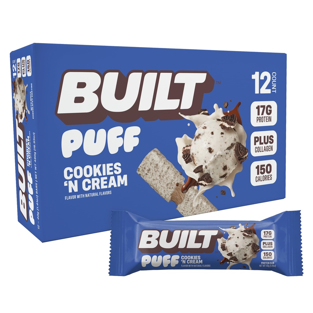 Dibangun Bar, Puff Protein Bars, Cookies 'N Cream Puff, 17g Protein Snacks, OnTheGo Bars, Only 140 Calories, 7g Sugar, Collagen, Not Gluten Free, 12 Count