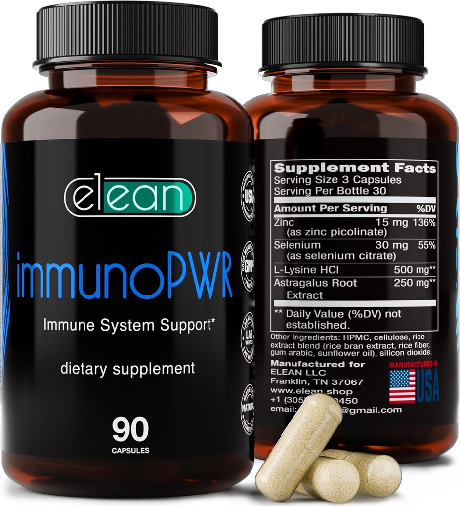 ELEAN Immuno PWRS diperkaya dengan Zinc, Selenium, Amino Acid Lysine dan Astragalus Root Extract for Collagen Synthesis, Thyroid Health, Mineral Dukung, Energy and Immune Health 90 Veg Capsules.