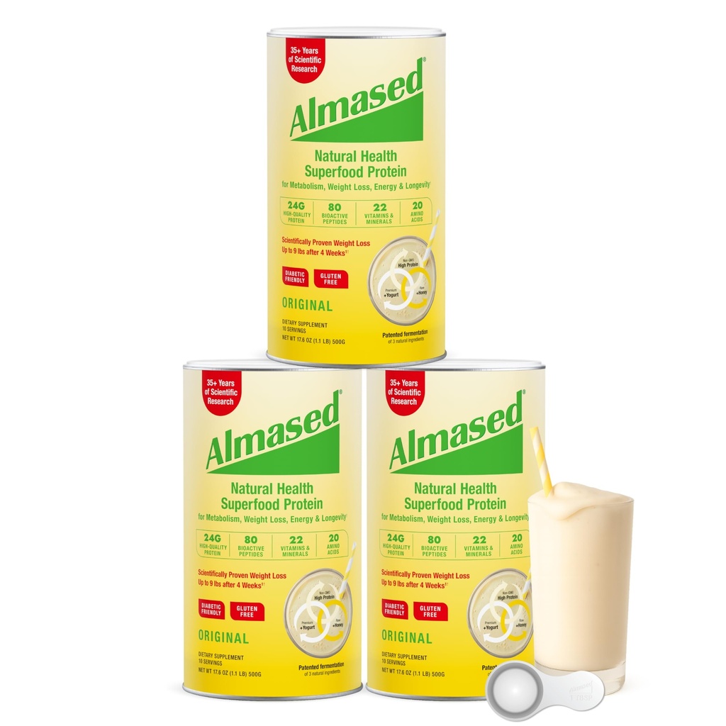 Almased Protein Powder for Wheight Loses Kit for Men & Women, Natural Meal Replacement Shake for Wheight Los, Suplemen, 27 Grams of Protein Per Serving (Original Flavor, 3 Cans @ 17.6 oz ea + Scoop)