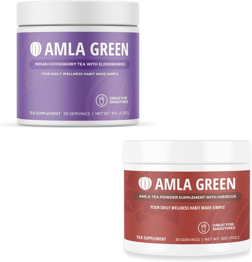 Amla Powder & Green Tea Superfood Supportion Suplement, Antioksidan Dukungan, Dibuat dengan Elderberry (90 Pelayan) & Hibiscus (30 Pelayan), Organik, Vegan