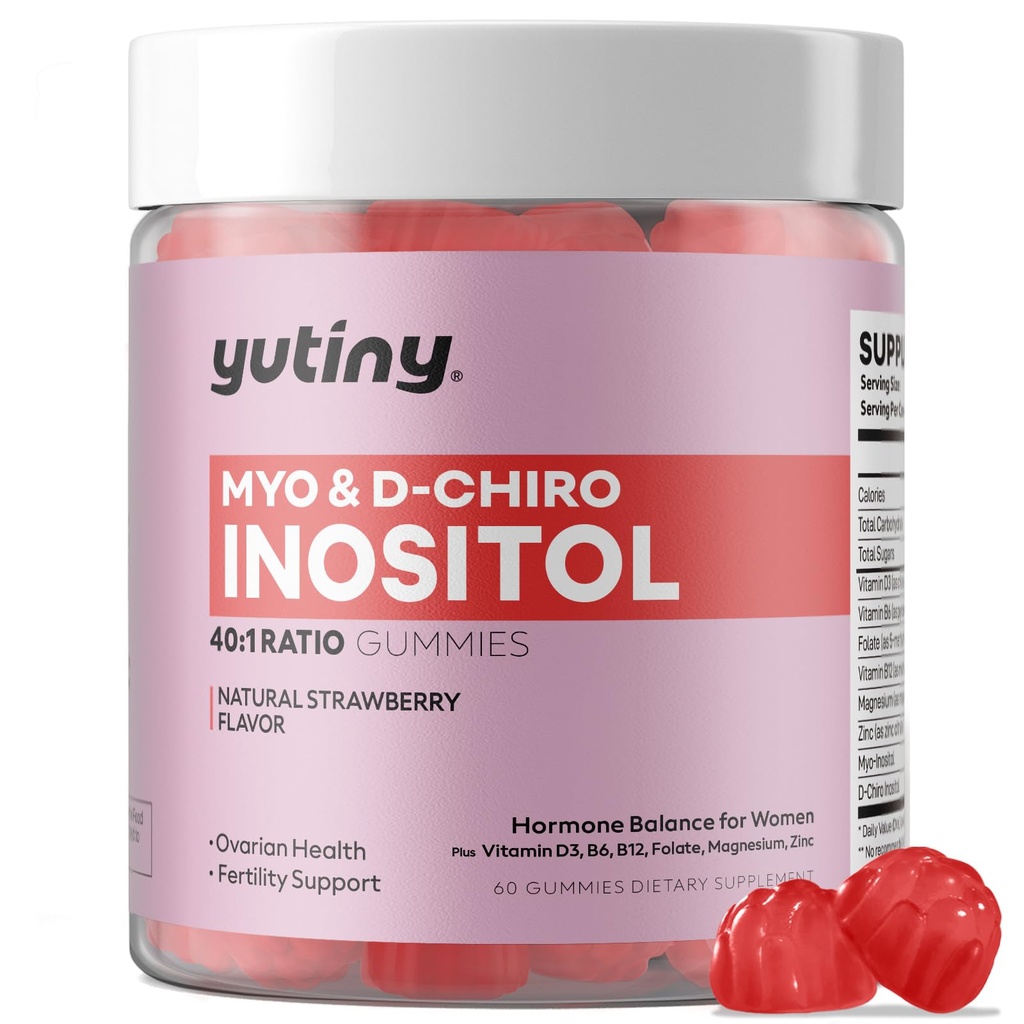 Myo- Inositol & D- Chiro Inositol Gummies, Vitamin B6 B12 & Membenci Perempuan, Vegan, Gula Bebas, Strawberry Flavor, 60 Count