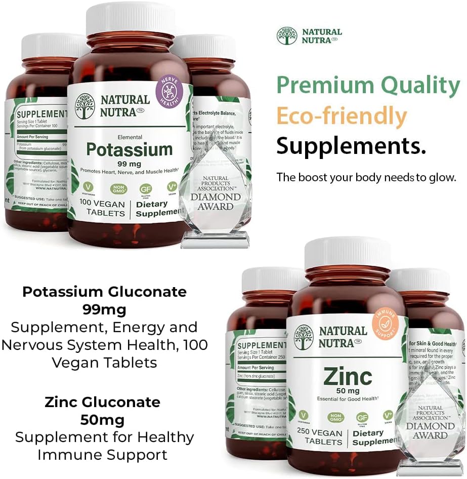 Natural Nutra Potasium Gluconate 99 mg dan Zinc Gluconate Suplemen 50 mg membantu mempertahankan tingkat kekebalan dan energi, Gluten Free, Escalypfor Good Health.