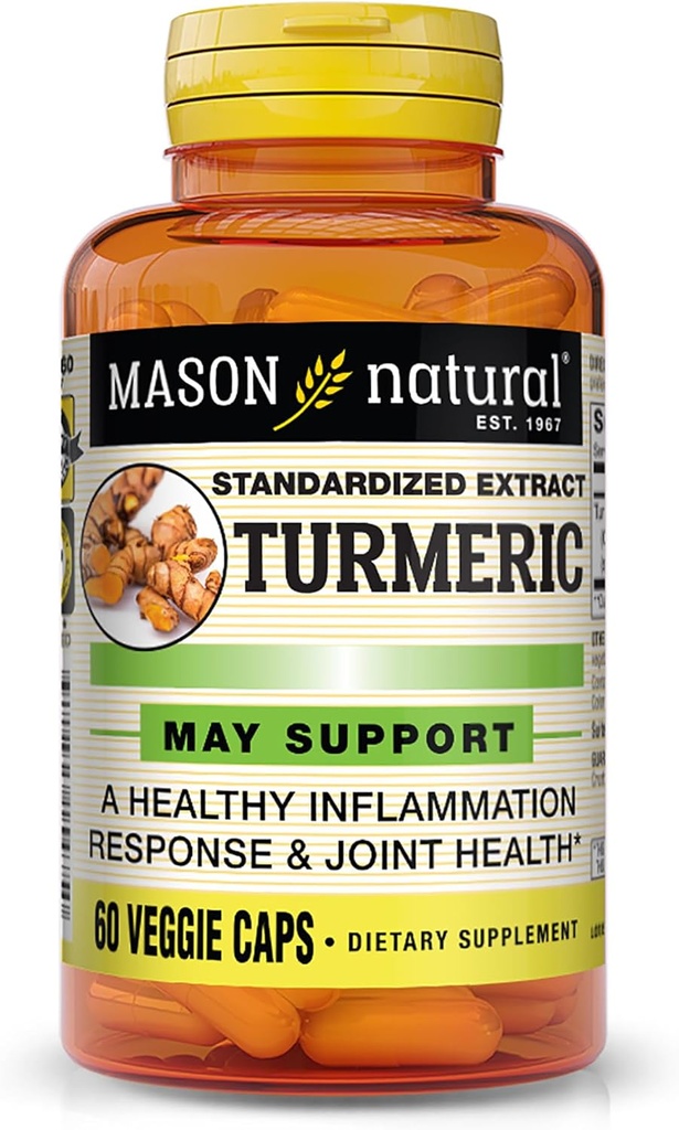 MASON NATURAL Turmeric 500 mg, dengan 95% Curcuminoid, Suplemen Overall Wellness & Joint Dukung, 60 Plant-Based Veggie Kapsul